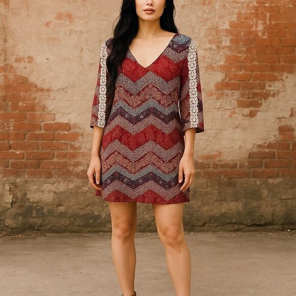 Pink Owl Multi Colored Boho Semi Sheer Lined Long Sleeve Mini Dress Top Size Med - Picture 1 of 12
